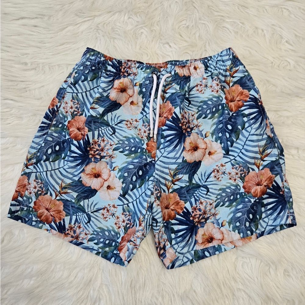 FRANKS Swim Shorts Mens Medium Hibiscus Floral Mesh Lined Tropical Trunks